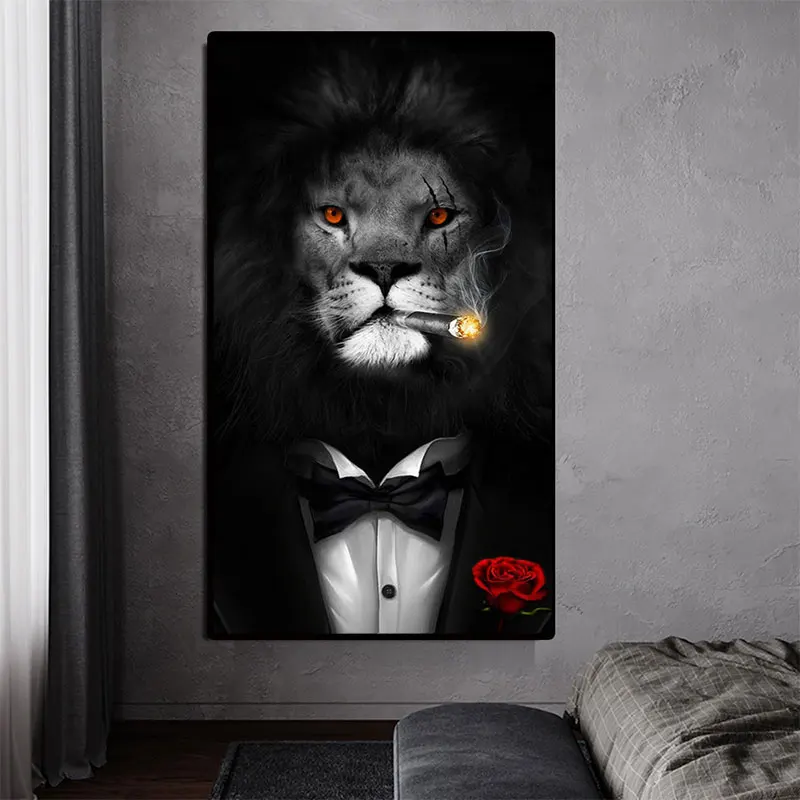 Black White Lion In Suit Canvas Art Posters And Prints Animals Canvas Paintings