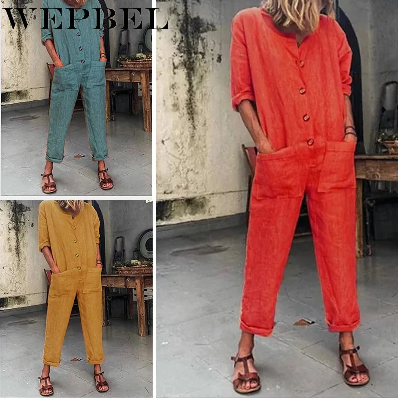 

WEPBEL Jumpsuit Women's Solid Color Long Sleeve O-Neck Pocket Jumpsuit Fashion Autumn Single Breasted Loose Straight Jumpsuit