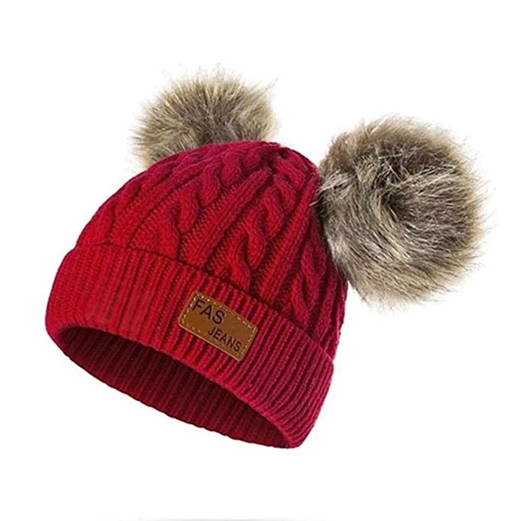 Зимняя вязаная шапка для девочек и мальчиков, милые зимние шапки Kawaii, теплая зимняя вязаная шапка с меховым помпоном для малышей, детская шапочка, новинка