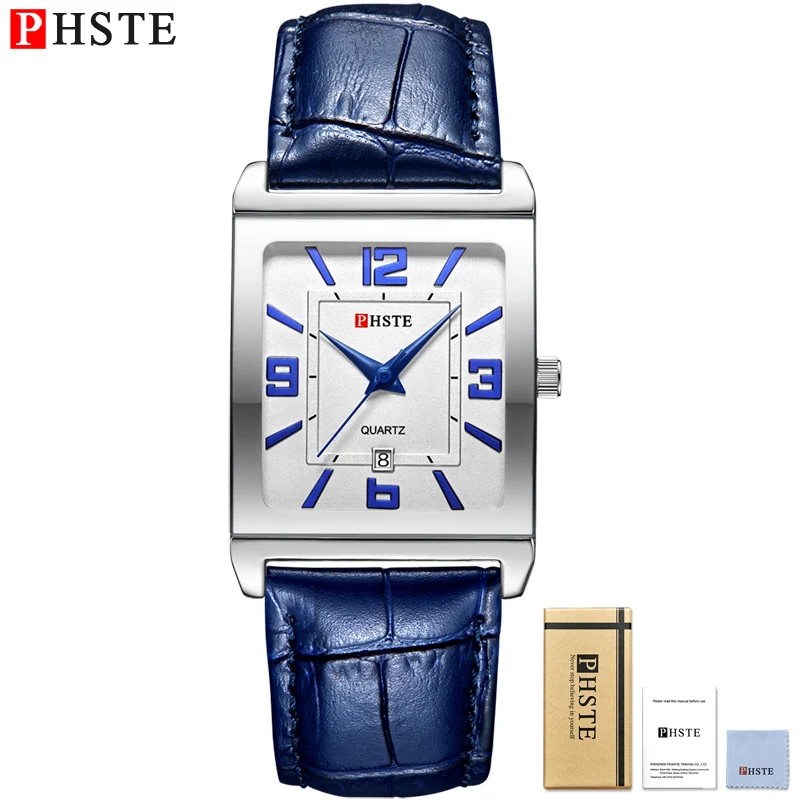 PHSTE Роскошные мужские часы Дата Япония Movt Квадратные кварцевые мужские водонепроницаемые черные наручные часы с кожаным ремешком Relogio Masculino - Color: Blue