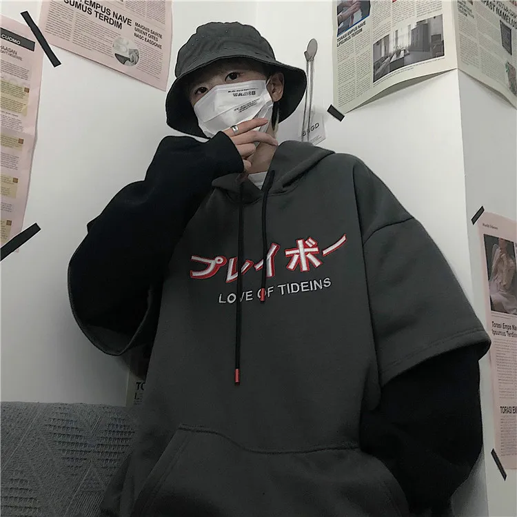 Dark Gray Neploe Heavy Letters Embroidery Hooded Sweatshirt Unisex Fleece Hoodies Autumn Winter Fake Two Pieces Jumper Pullover 55571 - Цвет: Dark Gray