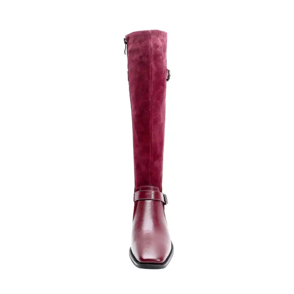 Lenkisen new vintage cow leather patchwork buckle straps square toe med heels winter keep warm women Zipper thigh high boots L35