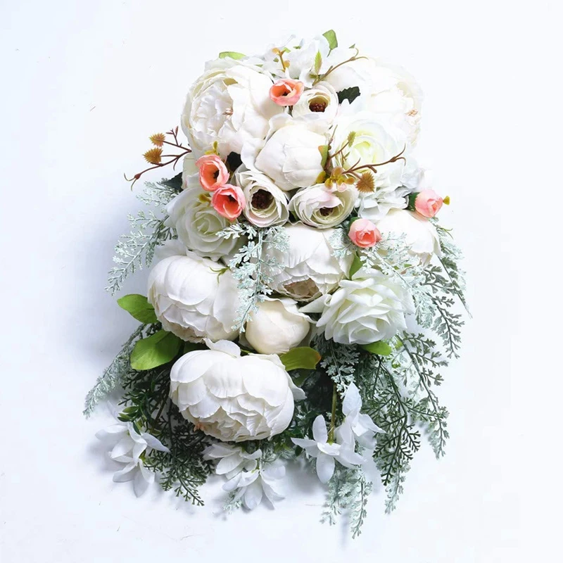 Bridal Wedding Bouquet Romantic Handmade Artificial Peony Rose Pearl Suitable for Wedding Party Home Decor