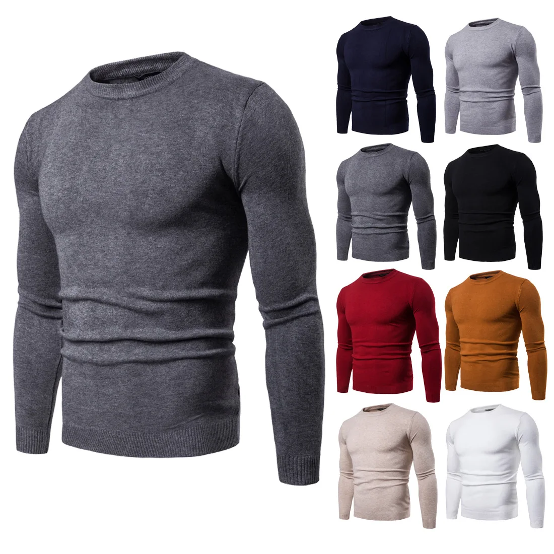 

Spring New Style 2019 Men Crew Neck Sweater Solid Color Long Sleeve Men's Knit Low Waist Jersey Ym005
