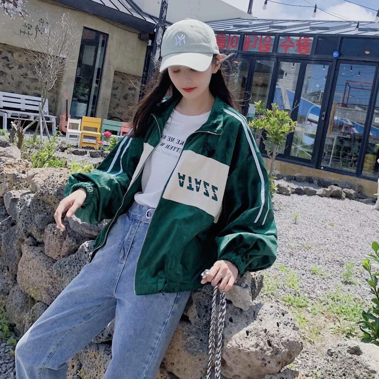 

Photo Shoot CHIC Harajuku-Style Contrast Color Lettered Stand Collar Handsome Loose Bat Sleeve Jacket Baseball Uniform Women's