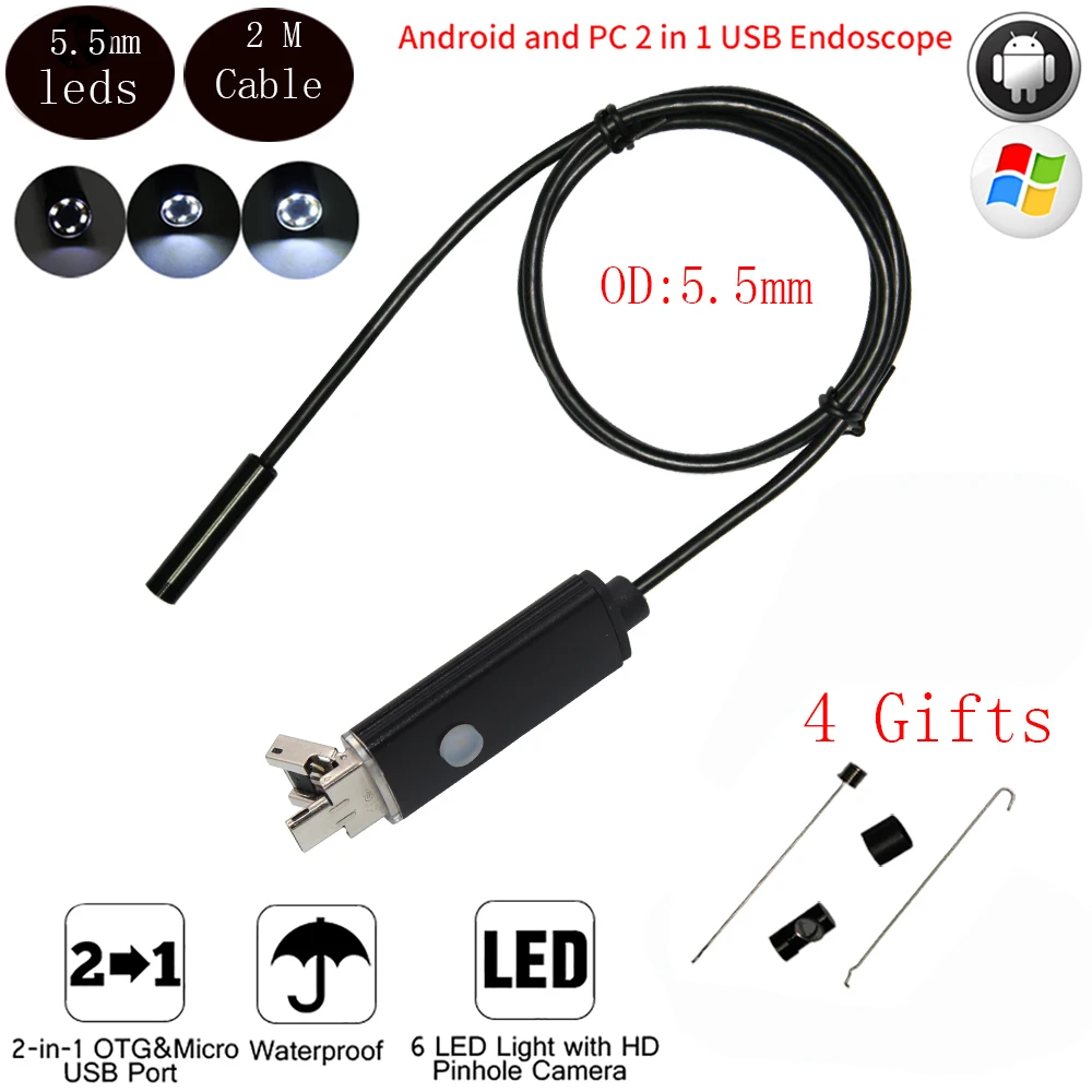 5.5mm 2m Lens HD USB Endoscope Cam IP68 Waterproof 6 LEDs Inspection Pipe Endoscope Camera Borescope For Android Phone PC