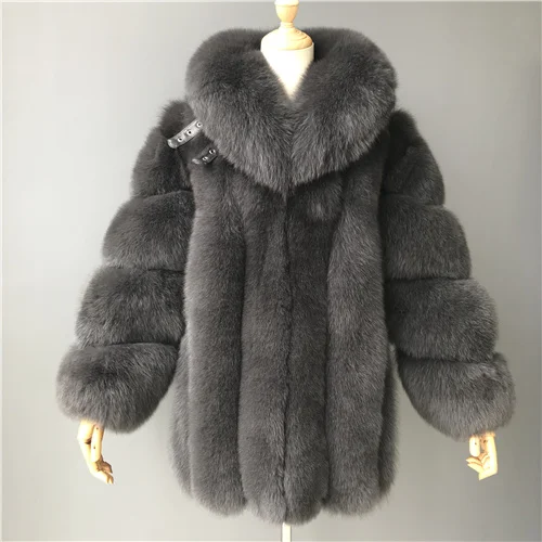 Dark grey Женское зимнее плотное меховое пальто, новая мода, отложной воротник, Лисий мех, пальто в полоску, женская куртка из натурального Лисьего меха - Цвет: Dark grey