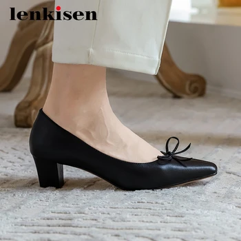 

Lenkisen natural leather butterfly-knot sweet girls fashion small square toe med square heels beauty lady dress women pumps L13