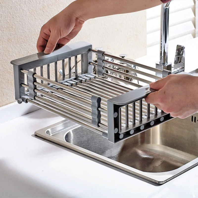 

Adjustable Stainless Steel Drainer Basket Over Sink Drain Tray Dish Vegetable Fruit Drying Rack Kitchen Sink Organizer