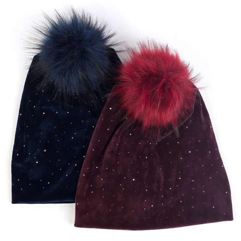 Geebro/зимняя женская Шапка-бини со стразами и помпонами, шейные шарфы, повседневные бархатные шапки-бини, шапка с помпон с искуственным мехом