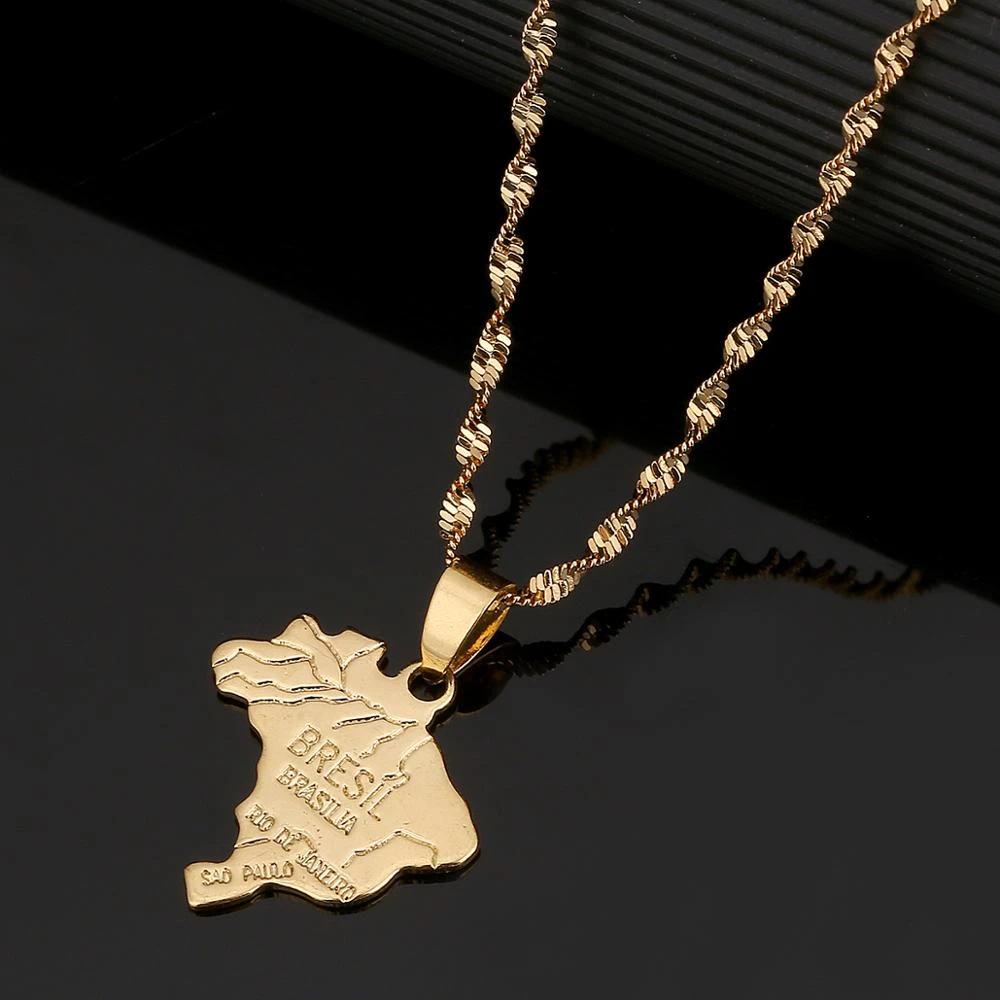 Collares con bandera de Brasil, mapa de Brasil, Color dorado, para mujeres brasileñas, regalos de joyería|Collares colgantes| -
