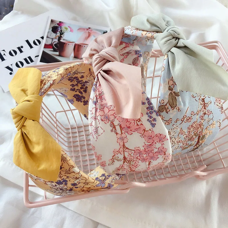 

Korean Floral Rabbit Ear Hairbands Headbands for Women Fabric Floral Print Hairband Wide Knot Hair Bands Girls Hair Accessories