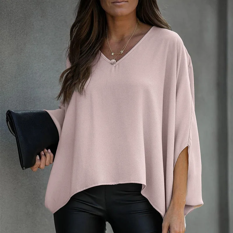 Blusa con dobladillo Irregular y mangas murciélago para mujer, blusas holgadas la moda con cuello en V liso para mujer, blusas informales de oficina Primavera Verano 2020 para mujer|Blouse| - AliExpress