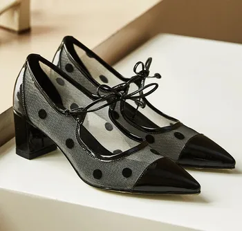 

Women's genuine leather Polka Dot korean style Mesh lace-up pointed toe pumps thick high heel elegant ladies evening dress shoes