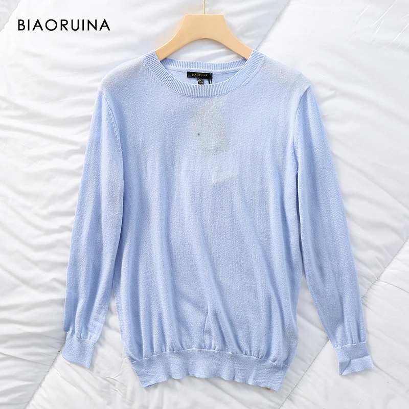 BIAORUINA 4 Colors Women's Cashmere Blends Solid Basic Thin All-match Knit Sweater O-neck Female Casual High Quality Pullovers | Женская