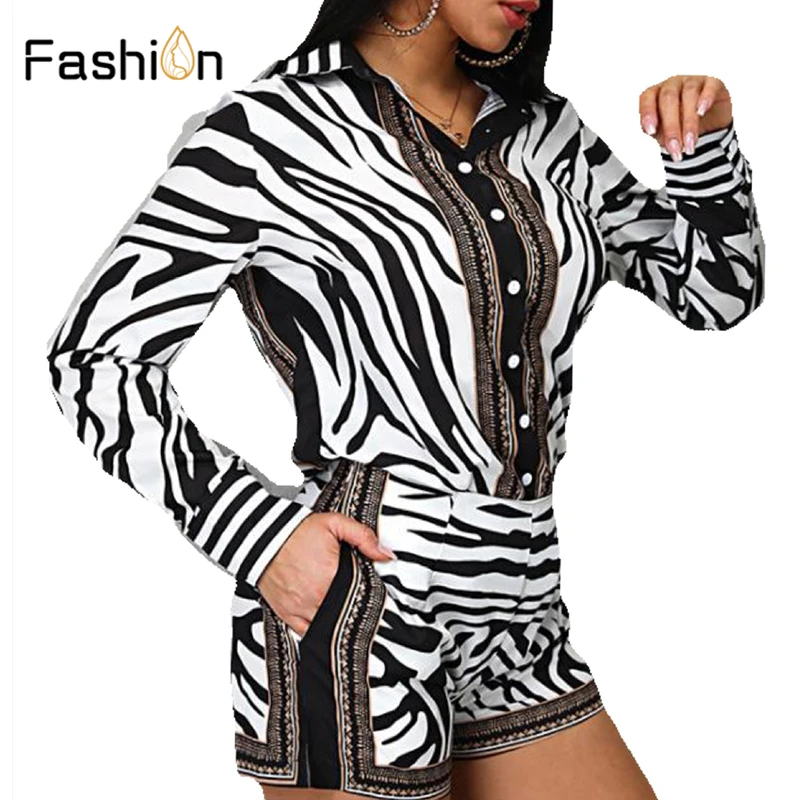 Женская рубашка с принтом зебры на пуговицах и на молнии, короткий комплект из двух предметов, рубашка с воротником выше колена, мини-короткие комплекты из двух предметов
