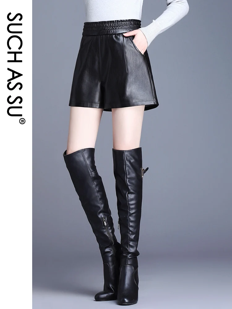 New 2020 Fall Winter PU Short Shorts Women Black Elastic High Waist Leather Shorts M-5XL Plus Size Slim Sexy Mini Short RS1001