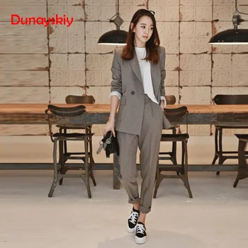 

2019 New Business Pant Suits High Quality Set Blazers Formal Women OL Elegant Plaid 2 Piece Sets Uniform Jackets Set