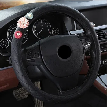 

D Shape O Shape Steering Wheel Cover leather Fashion Flowers 38CM Car Wheel Cover Interior Accessories
