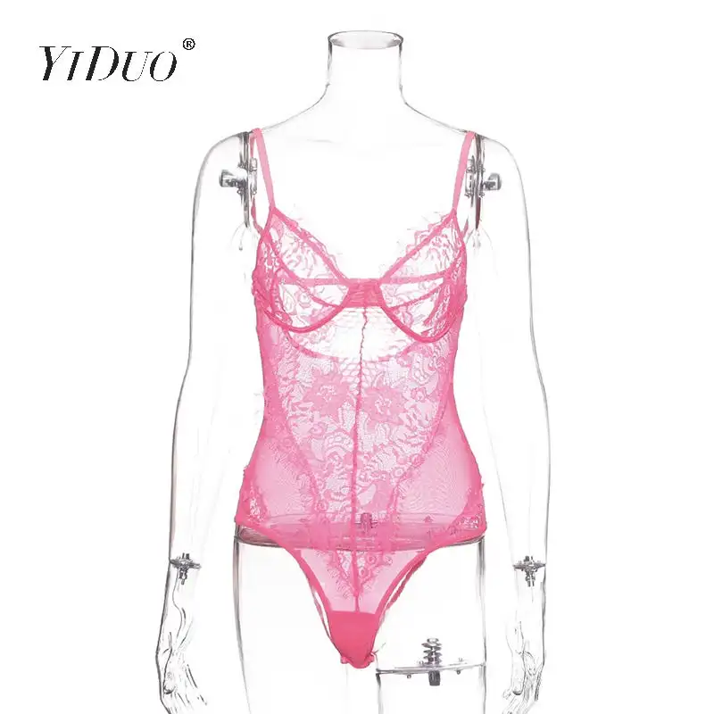 Pink YiDuo, Кружевное боди, женское, Цветочная вышивка, белый, черный, облегающее, облегающее, перспективное, сексуальное, боди, Тедди, комбинезоны, розовый - Color: Pink