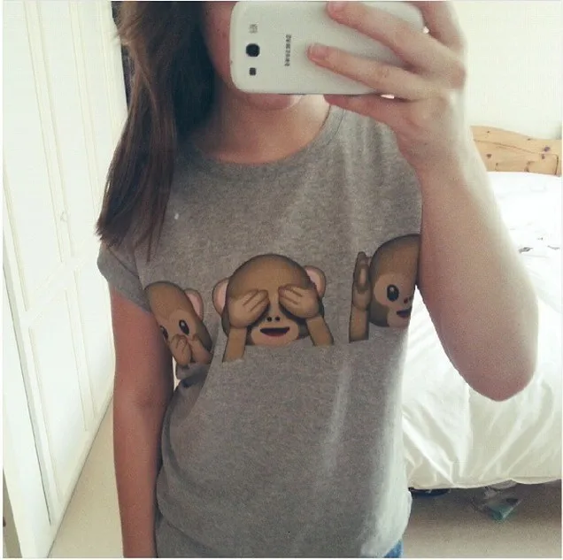 

2019 female 3d Smiling Face Monkey Printing Round Neck Original Leisure Time off white T-shirt home Top Tees