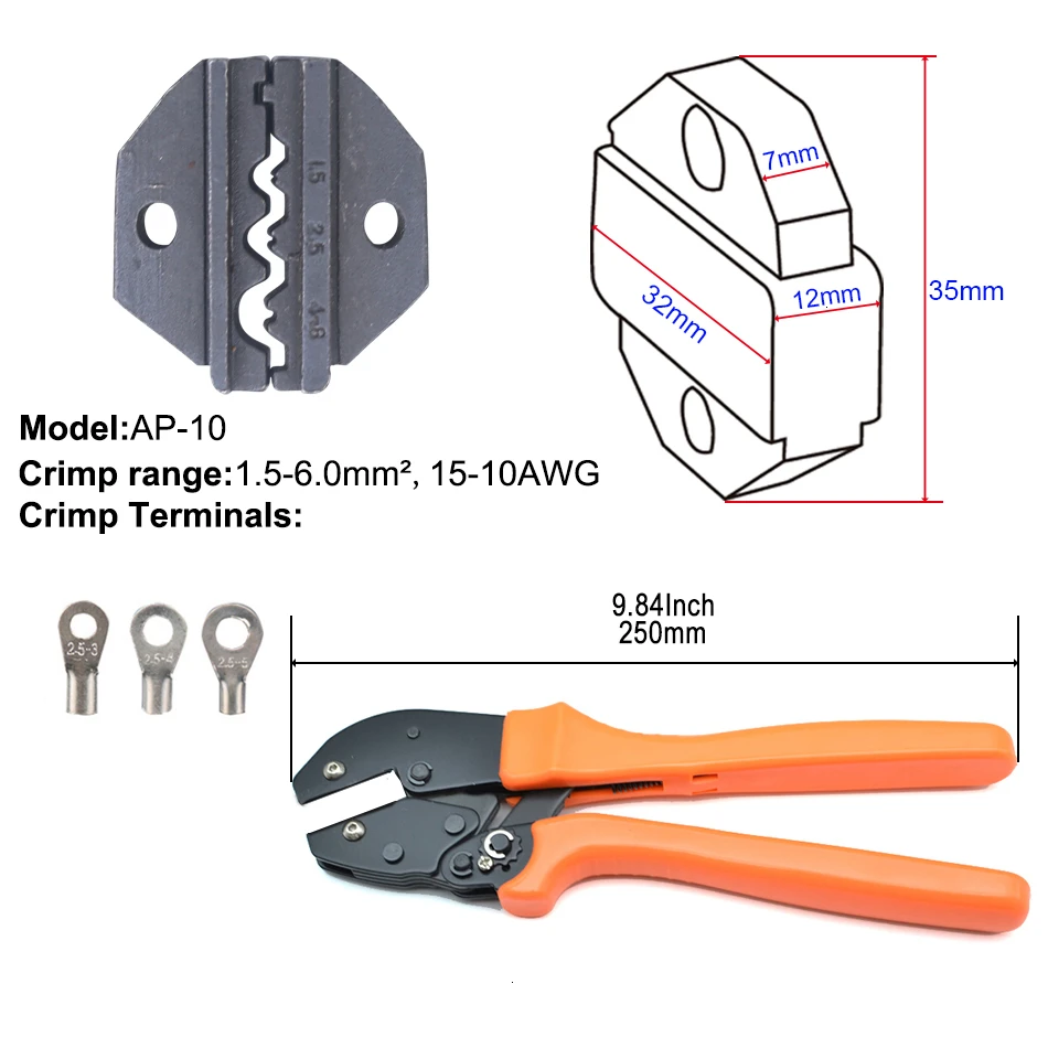 Обжимной инструмент 250 мм трещотка провода щипцы и сменные штампы для термоусадочных разъемов неизолированные наконечники - Цвет: 10