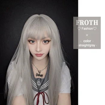 

BUQI Long Wigs With Bangs Grey White Synthetic Straight For Women Natural Heat Resistant Fiber Cosplay Lolita Party Halloween