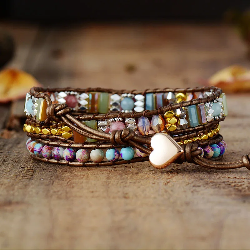 Leather Wrap Bracelet W/ Stones Multi Color Natural Beads Crystal Weaving Statement Art Bracelet Gifts - Image 4