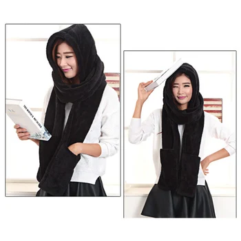 

Hot 3 in 1 Women Warm Thick Hood Scarf Snood Pocket Gloves Hat Comfortable For Winter Outdoor Plush Cute Ladies Accessories