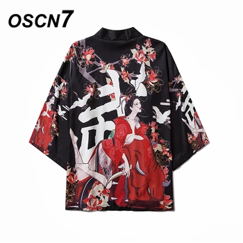 

OSCN7 Printed Kimono Cardigan Shirt Men 2020 Japanese Streetwear Three Quarter Sleeve Coat Shirts Harujuku Mens Shirt 6056