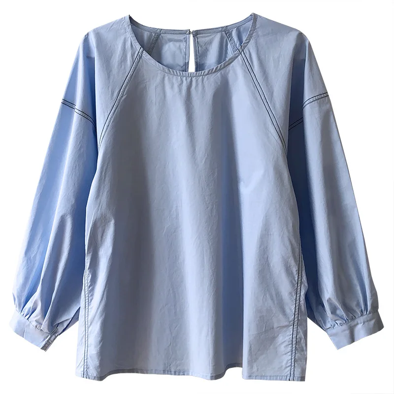 

2023 early spring French design feel round-necked pullover shirt women's patchwork color lantern sleeve shirt