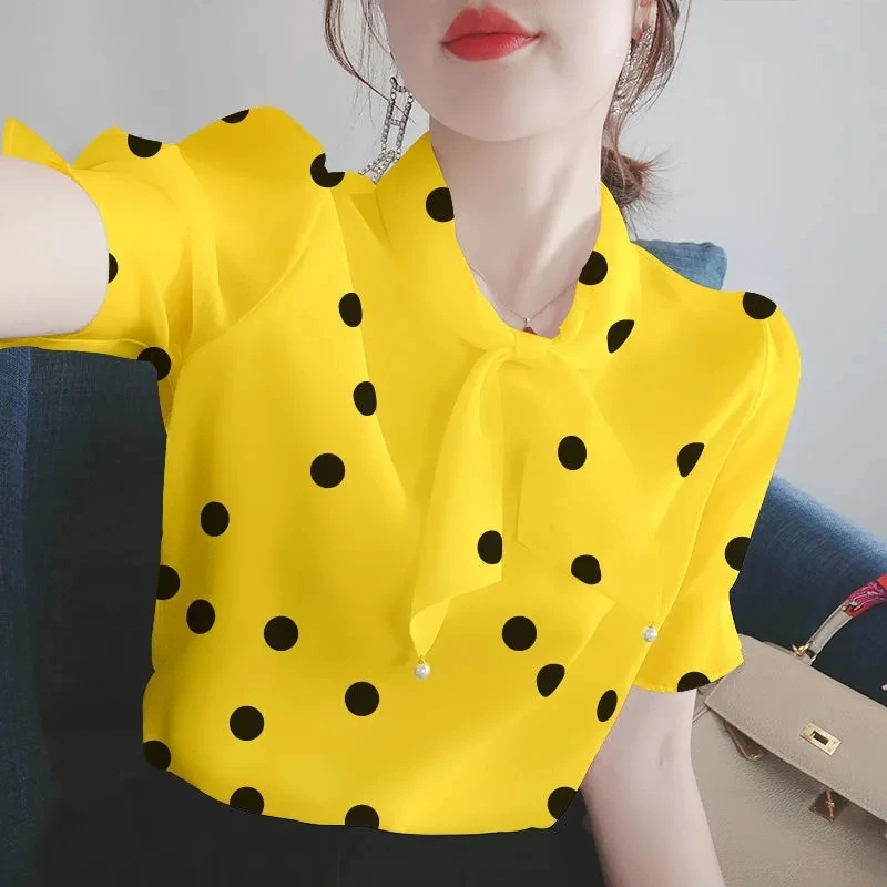 Polka Dot Chiffon Shirt Women 2021 Summer New Korean Version Of Loose Bow Short-sleeved  Blouse French Western Style Small Shirt