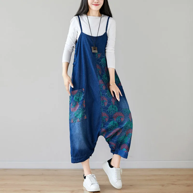 

Wide Leg Denim Jeans Jumpsuit Pants Women Printed Flower Romper Drop Crotch Side Pocket Hip Hop Overall Oversized Baggy Trouser
