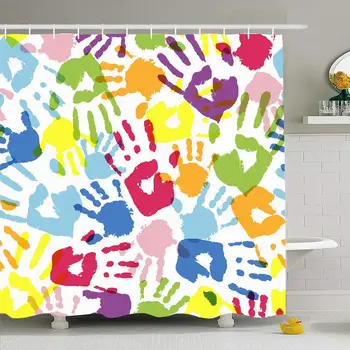 

Shower Curtain Set with Hooks 66x72 Team Hand Made Colored Color Handprints Birthday Happiness Endless Kid Love Print People
