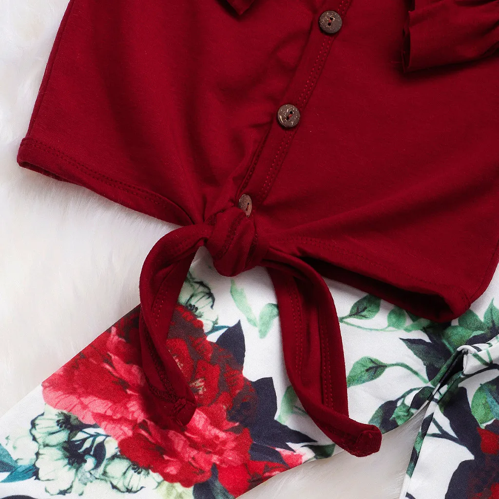 Одежда для маленьких девочек топы на шнуровке, футболка с оборками на рукавах комплект со штанами с цветочным принтом комплект модной одежды для маленьких девочек, От 0 до 2 лет