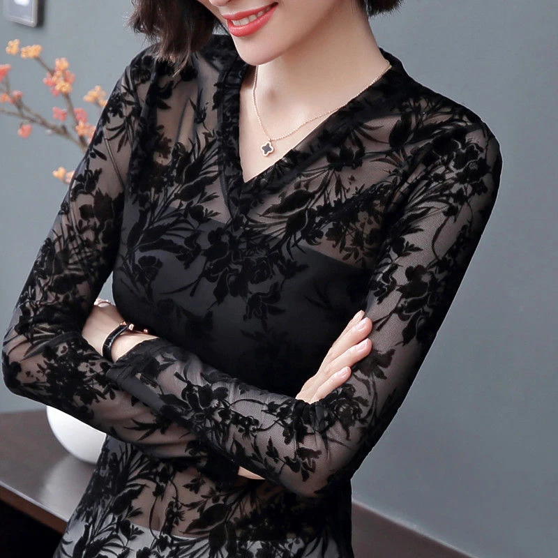 V-Neck 5XL выдалбливают для женщин Весна Осень стиль кружево Блузки Рубашки повседневное Водолазка с длинным рукавом лист вышивка Blusas топы DF3028 - Цвет: V-Neck