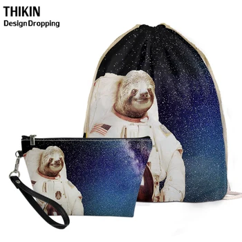 

THIKIN Funny Astronaut Sloth 3D Printed 2PCS Bag Sets School Supplies Causal Women's Drawstring Bags Custom Logo Comestic Case