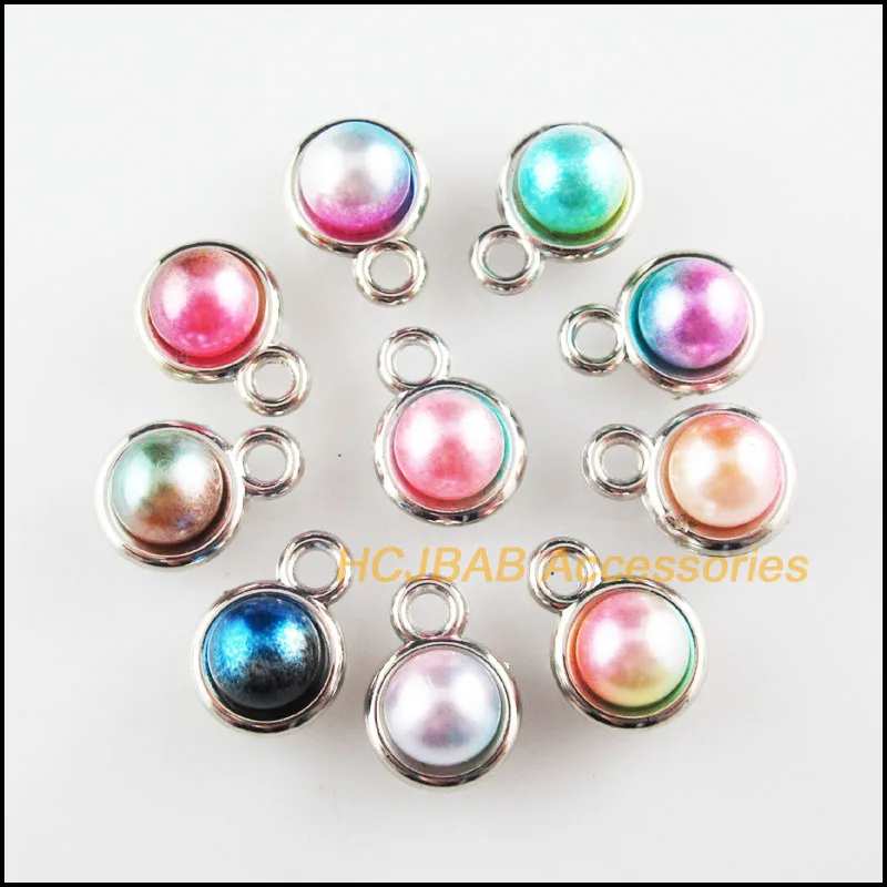 

30 New Round Charms Colored Acrylic Dull Silver Plated Smooth Pendants 11x15mm