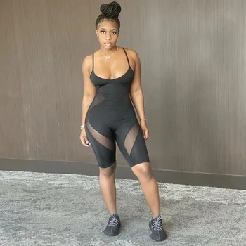 

Mesh Sheer Patchwork See Through Jumpsuit Playsuit 2020 Sexy Women S;eeveless Strap Bodycon Slim Rompers Summer Shorts Jumpsuit