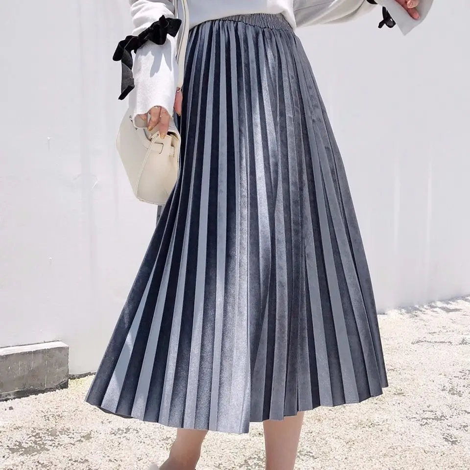 

Women Long Metallic Mid-Calf Skirt 2019 High Waist Elascity Casual Party Skirt