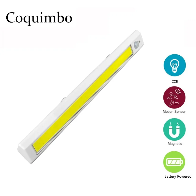 Battery Powered COB LED PIR Motion Sensor Light Cupboard Wardrobe Bed Lamp Under Cabinet Night For Closet Stairs | - Цена: 405,12 руб.