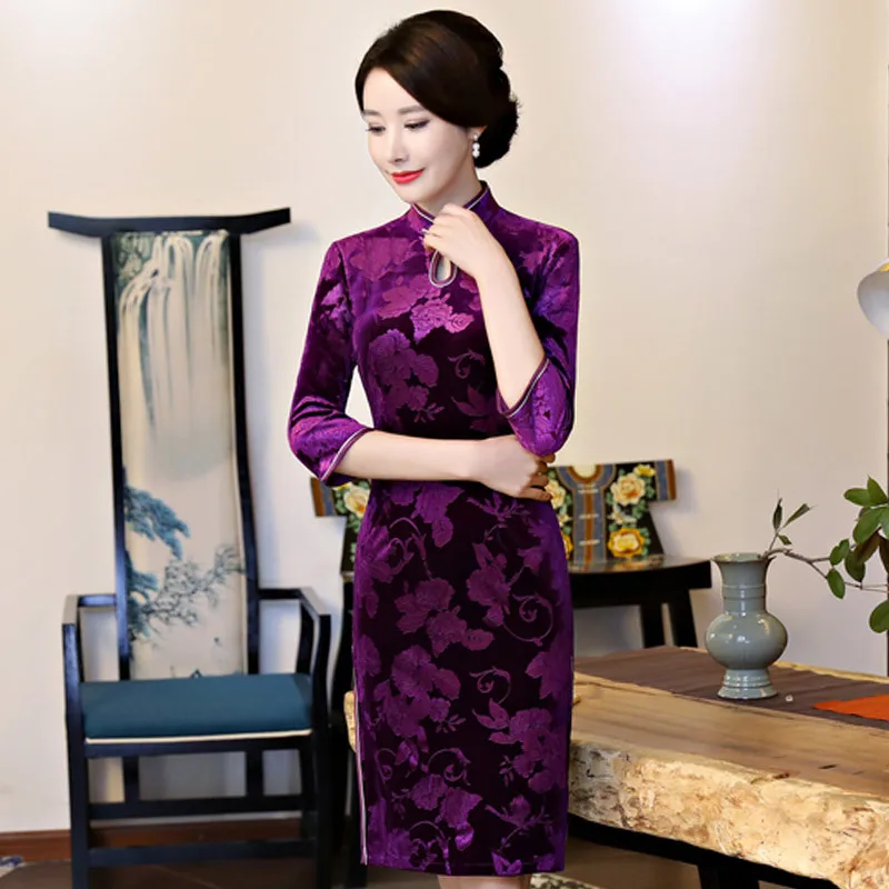 

2018 Gold Velvet Cheongsam Wedding Middle-aged Women Dress Slim Fit Slimming Three-quarter-length Sleeve Mid-length Cheongsam Ba