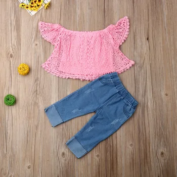 

Emmababy Newest Fashion Toddler Baby Girl Clothes Off Shoulder Lace Reticular Tops Denim Long Pants 2Pcs Outfits Clothes