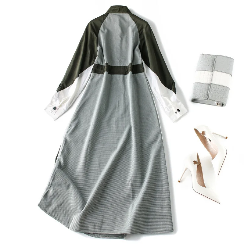 Модное платье с мозаикой осень 2019 однобортное трапециевидной формы со стоячим