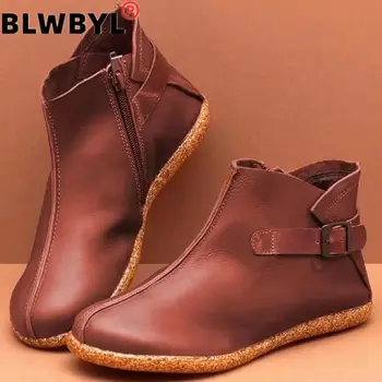 

2020 Women Casual Flat Leather Retro Buckle Boots Side Zipper Round Toe Shoe Leather Ankle Boots Zapatos Mujer Wram Botas Mujer