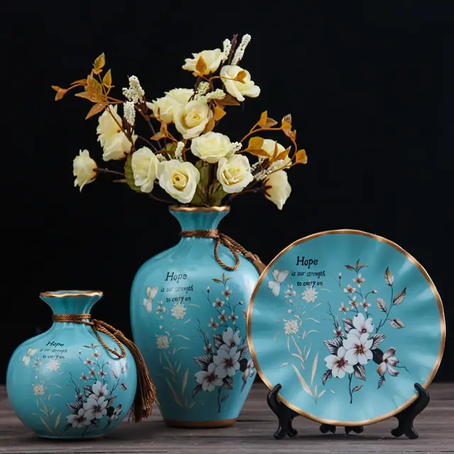 3Pcs/Set Ceramic Vase Dried Flowers Arrangement Wobble Plate Living Room Entrance Ornaments Home Decorations 26