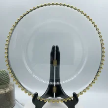 50 stücke Klar Kunststoff Ladegerät Platten mit Gold Perlen Rim Acryl Dekorative Service Platte