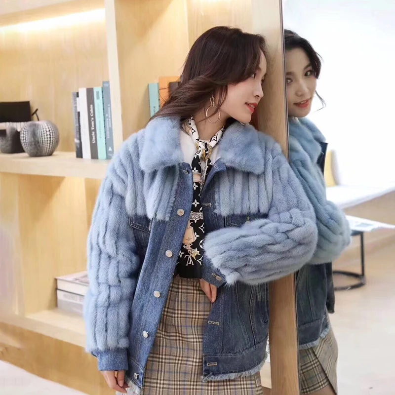 Denim jacket with real mink fur coat women oversize winter coat women real fur parka 2019 womens tops and blouses