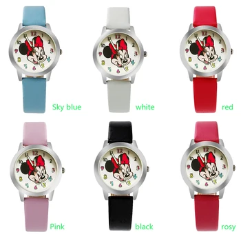 

Fashion Cartoon Beautiful girl Minnie mouse style Color number dial children students girl's leather quartz watch Small size
