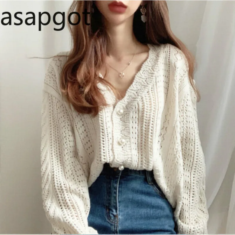 Korean Chic Vintage Hook Flower Lace Hollow Out Sweet Wild V Neck Full Puff Sleeve Cardigan Sweater Knitted Solid Loose Casual |